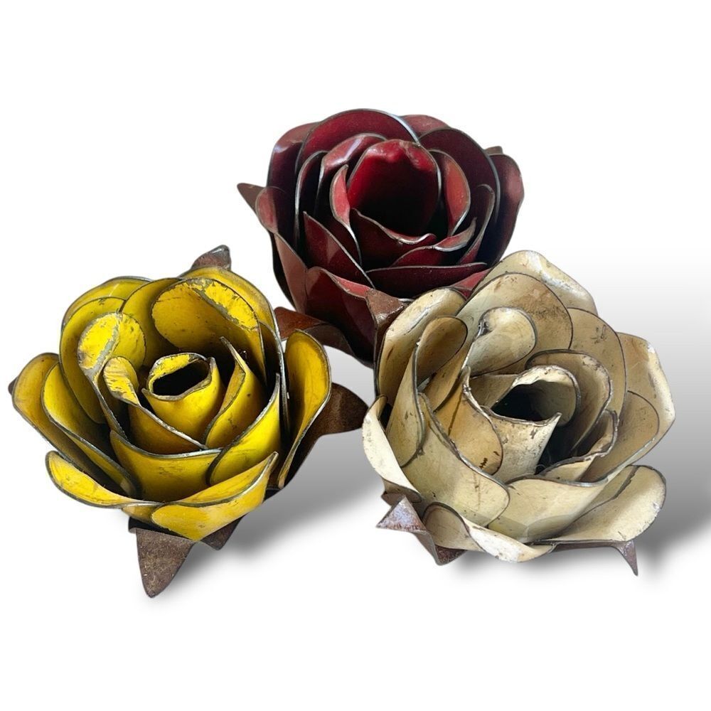 Rustic Painted Forged Metal Decorative Rose Bloom Trio in White Red Yellow - Picture 6 of 16
